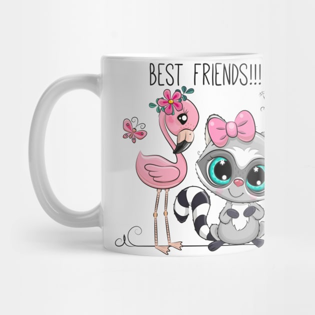 Cute raccoon and pink flamingo. Good friends are animals. by Reginast777